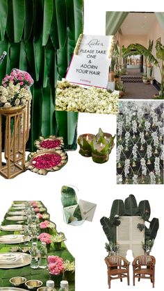 a collage of green and white decor including chairs, table cloths, flowers and plants