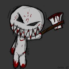 a drawing of a cartoon character holding a toothbrush with blood on it's face