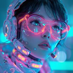 a woman wearing headphones and glowing neon lights in her face, looking at the camera