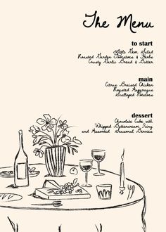 the menu for a restaurant with wine and food on it, in black and white