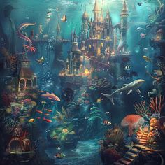 the underwater castle is surrounded by corals and other marine creatures, including dolphins, fish, and seaweed