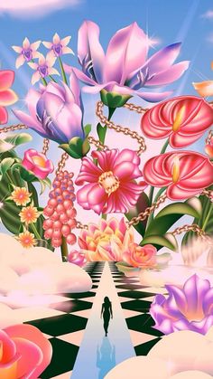 a person walking across a checkered floor with flowers in the sky and clouds behind them