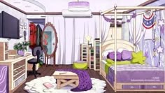 a cartoon bedroom with purple and green decor