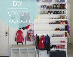 an organized garage mudroom with shoes and backpacks