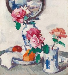 a painting of flowers and fruit on a table in front of a mirror with a reflection