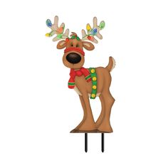 a wooden reindeer standing on top of a metal stand with lights around it's antlers