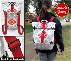 a woman carrying a back pack with red straps and an image of snowflakes on it