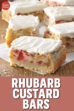 rhubarb custard bars with white frosting on top