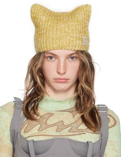 Handcrafted rib knit wool- and mohair-blend beanie in yellow. · Modified crown · Rubberized logo patch at face Supplier color: Yellow Beanie Hats, Patch Logo, Rib Knit, Apparel Accessories, Accessories Hats, Top Brands, Crown, Women Accessories, Wool