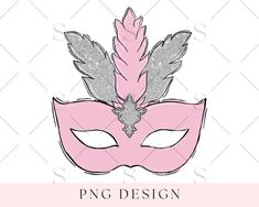 a pink mask with feathers on it and the words png design in grey lettering