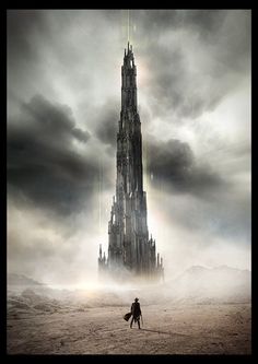 a man is standing in front of a tall building with a spire on it's side