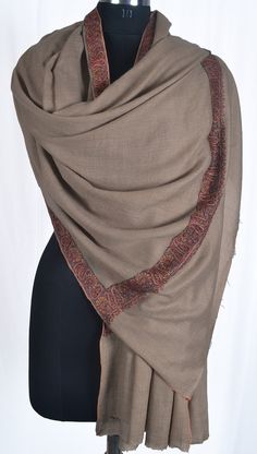 Quality: Highest Quality, Special Diamond-Weave, 100% Pure Pashmina Size: 40x80 inch or 100x200 cm Origin: Kashmir, INDIA. Feel: Soft Pashmina Kashmiri Embroidered Shawl or chain stitched shawls are a popular art of kashmir, crafted by skilled craftsman. Its a very rare contribution of art to the world by the people of Kashmir. These heirloom items are found in all corners of the earth, in rich homes, homes of art lovers, museums and sotheby's auctions. Kashmiri shawls are famous for their intricate designs. Now own a rare genuine kashmiri hand embroidered shawl which takes many months to create, unique in design and colour, and have never been replicated. Shipping: 1. Shipping to ALL destinations of world by FedEx/Aramex courier. 2. Courier shipping takes 5-7 business days normally. 3. Ki Brown Embroidered Pashmina Shawl, Embroidery Shawl, Paisley Border, Indian Kurti, Kashmir India, Kashmiri Shawls, Pashmina Wrap, Body Photography, Cashmere Pashmina