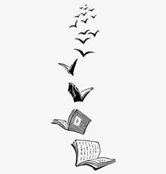 an open book flying through the air with birds coming out of it, vintage line drawing or engraving illustration