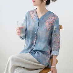 Comfortable, One of Kind. Blouses online shop,|Hand Wash|Spring/Fall|One Size|Azure|Floral|V-Neck|Ramie|Regular|Long Sleeve|Elegant Cotton Shirts Women, Linen Top Women, Sleeveless Linen Dress, Linen Shirts Women, Kurti Designs Latest, French Grey, Cotton Long Sleeve Shirt, Shirts Design, Velvet Tops