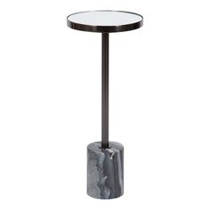 a black and white marble side table with a round glass top on a metal stand