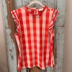 Nwot Loft Top. Adorable Accordion Pleat Detail On Sleeves And Color. One Button At Nape Of Neck. Size Medium. Casual Red Top For Picnic, Red Sleeveless Top For Picnic, Red Summer Tops For Picnic, Red Picnic, Nape Of Neck, Plaid Top, Plaid Tops, Red White, Red And White