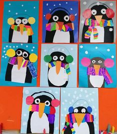 penguins with hats and scarfs made out of construction paper