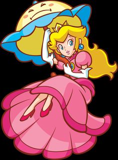 the princess peach is holding an umbrella in her hand and looking at something on top