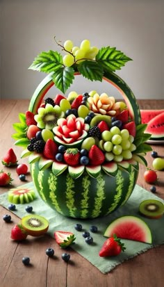 a watermelon filled with lots of different types of fruits and vegetables on top of a wooden table