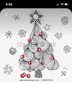 a hand drawn christmas tree with swirly ornaments and snowflakes on the background