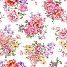 watercolor flowers on white background with pink, purple and yellow flowers in the center