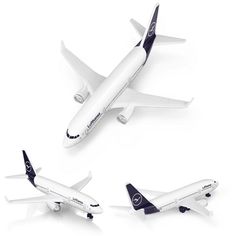 three model airplanes sitting side by side on a white surface, one is blue and the other is white