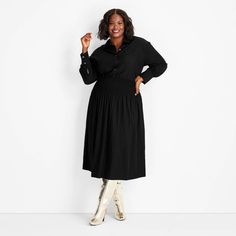 Women's Collared Long Sleeve Smocked Midi Shirtdress - Future Collective Black XXL Denim Midi Dress, Target Clothes, Color Crush, Collars For Women, Ruffled Maxi Dress, Shirtdress, Long Sleeve Knit, Tank Dress, Belts For Women