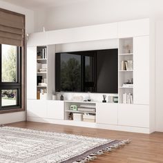 a living room with white furniture and large windows