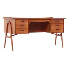 a wooden desk with two drawers on one side and an open drawer on the other