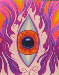 a painting of an eye with purple and orange colors