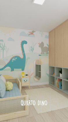 a child's bedroom with dinosaur wallpaper and furniture