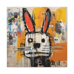 an abstract painting with black, white and orange colors on the face of a rabbit