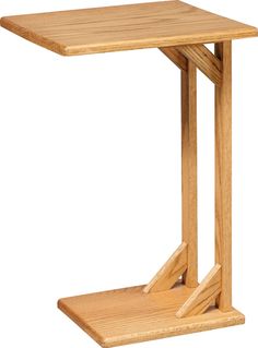 a wooden table with two legs and a shelf on the bottom that is holding something