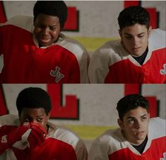 three pictures of a young man in red and white uniform with his hands on his face