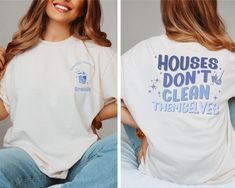 ✨ Introducing our exclusive Cleaning Lady T-shirt - the perfect blend of comfort and professionalism for your hardworking team! ✨ 🏡 Because let's face it, "Houses don't clean themselves," and that's where your dedicated cleaning service comes in! This t-shirt is not just a piece of clothing; it's a statement, a walking advertisement for your commitment to cleanliness. 🧹 The back of the t-shirt proudly declares, "Houses don't clean themselves," a witty reminder of the essential work your team d House Keeper, House Cleaner, Professional House Cleaning, Cleaning Lady, Cleaning Business, Maid Service, Business Tops, Business Shirts, Cleaning Service