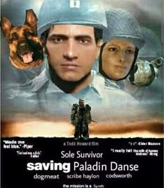 the poster for saving paladin dane, starring with two men and a dog