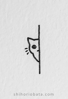 a drawing of a cat peeking out from behind a wall