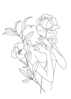 a line drawing of a woman's hand holding flowers