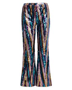 Celebrate this holiday season in style with these out-of-this-world pants!Completely covered in colorful, eye-catching sequins in a striped pattern, these pants are sure to turn heads everywhere you go! The elastic waist and easy pull-on fit make these pants as comfortable and practical as they are fabulously fun!The loose fitting legs with flared bottoms add a classic 1970's inspired twist to a fabulously modern and chic look. Perfect for this holiday season (and every other season!), these bot Flared Bottoms, Sequin Pants, Rainbow Glitter, Party Banners, 1970s Fashion, Medium Dress, Chevron Pattern, Sweatshirt Dress, Independent Designers Fashion