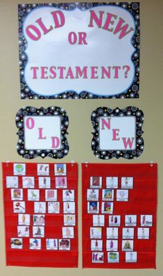 a bulletin board that has been decorated with pictures and words for the old or new testament