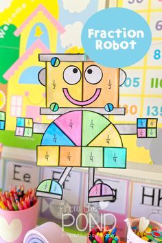 Make a gorgeous fraction robot math craft to explore shapes and how they combine to make a whole and review fractions. Learn more on the blog! Fraction Craft 2nd Grade, Fraction Anchor Chart 2nd Grade, Fractions Anchor Chart 1st Grade, Fractions Anchor Chart 2nd Grade, Teaching Fractions 3rd Grade, Fractions 2nd Grade, Fraction Games For Kids, Fractions Craft, Fraction Art