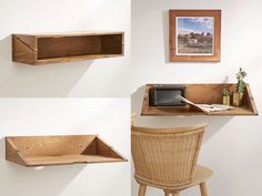 three pictures of wooden shelves on the wall above a chair and desk with a computer