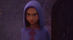 the animated character is dressed in purple and has a hood over her head, while she stands next to an open door