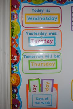 a bulletin board with different days of the week written on it in bright colors and cartoon characters