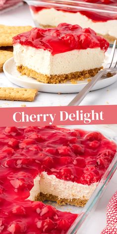 cherry delight cheesecake with graham crackers on the side and a slice cut out