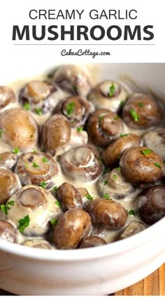 creamy garlic mushrooms in a white bowl with parsley on top and text overlay