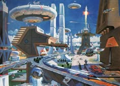 an image of a sci - fi city scene with futuristic buildings and flying objects in the sky