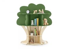 a green tree shelf with books and toys on it, in front of a white background