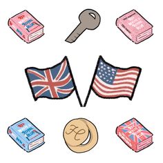 the british flag, books and a magnifying glass are depicted in this illustration