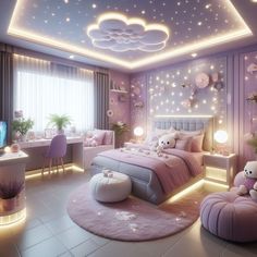 a bedroom decorated in pink and purple with stars on the ceiling